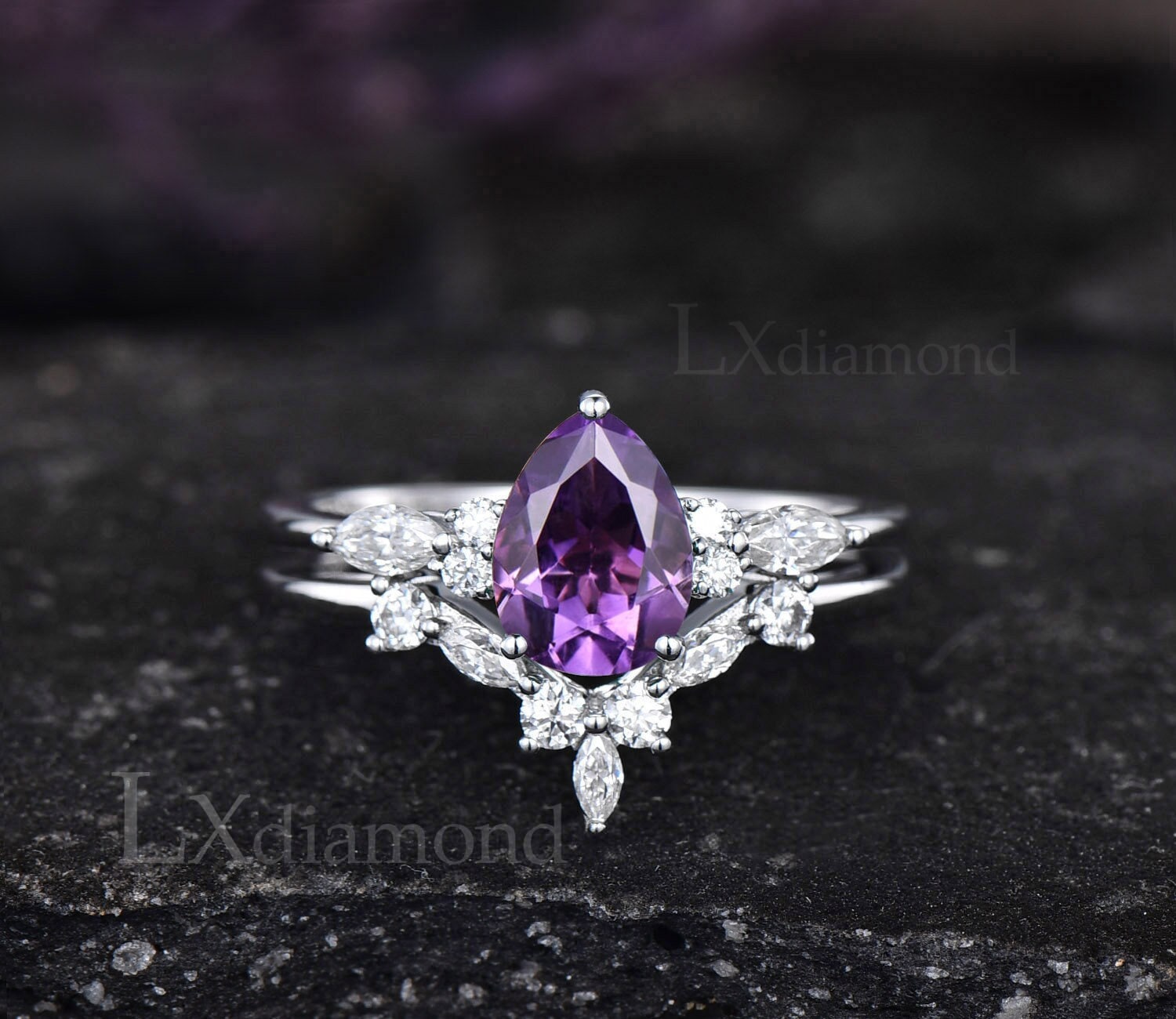 Amethyst Ring Sterling Silber Birnenförmige Verlobungsring Frauen Marquise Set Februar Geburtsstein Jahrestag Geschenke von LXdiamond