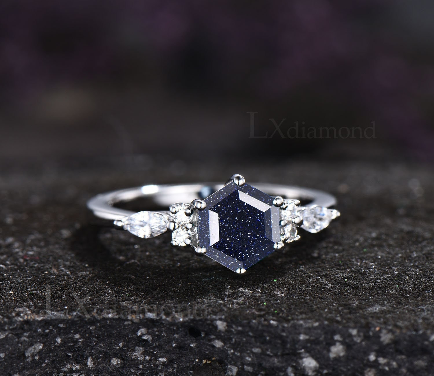 Blauer Sandstein Ring 925 Sterling Silber 6 Zinke Hexagon Schnitt Verlobungsring Frauen Zierliche Einzigartige Jahrestag Geschenke von LXdiamond