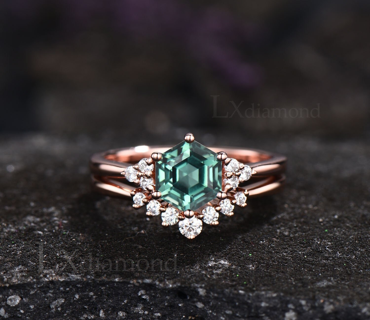 Hexagon Geschliffener Grüner Saphir Ring Set Vintage Teal Unikat Verlobungsring Roségold Silber Moissanit Ehering Frauen von LXdiamond