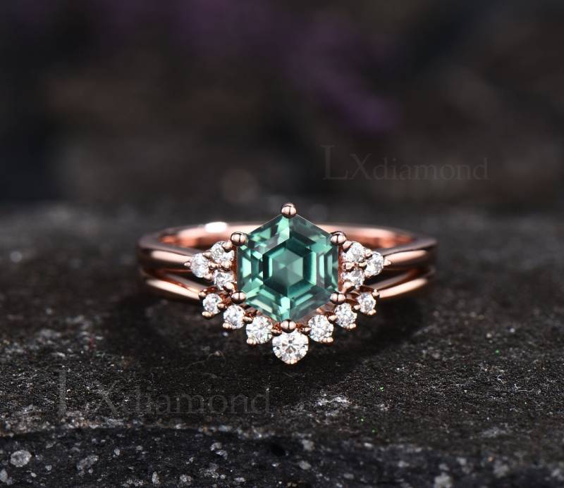 Hexagon Cut Saphir Ring Set Rosegold Silber Vintage Unikat Ehering Moissanite Damen von LXdiamond