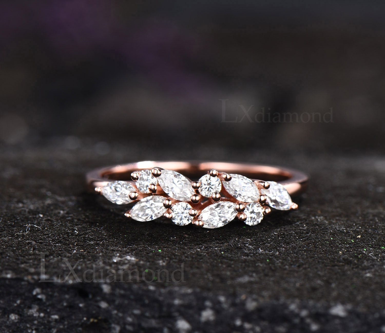 Moissanit Ehering Art Deco Trauring 14K 18K Roségold Ring Cluster Marquise Cut Jubiläumsring Frauen Geschenke von LXdiamond