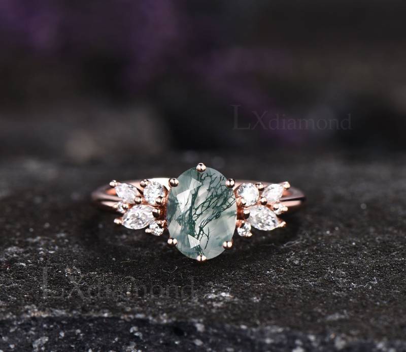 Oval Schliff Moosachat Ring 925 Sterling Silber Einzigartig Cluster Verlobungsring Antikring Versprechen Braut Ehering Frauen von LXdiamond