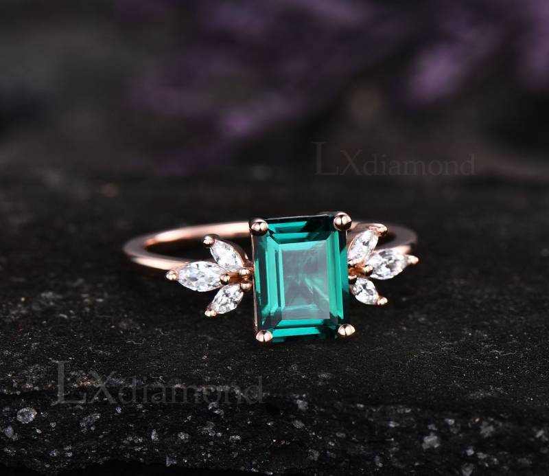 Smaragd Ring Für Frauen Vintage Einzigartig Grün Verlobungsring Art Deco Ehering Roségold Vermeil von LXdiamond