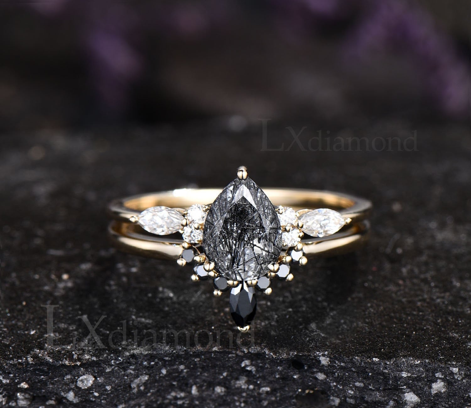 Vintage Birnenförmige Schwarze Rutilquarz Verlobungsring 14K Gold Einzigartige Schwarzer Diamant Ringsatz Ehering Frauen von LXdiamond