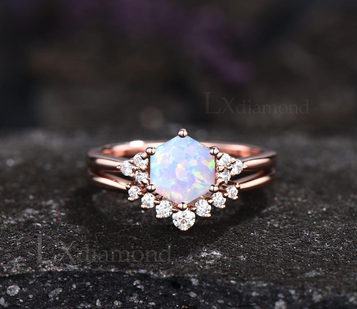 Weißer Opal Ring Rosegold Sterlingsilber Einzigartig Hexagon Cut Verlobungsring Set Minimalistisch Moissanit Hochzeit Brautring Frauen von LXdiamond