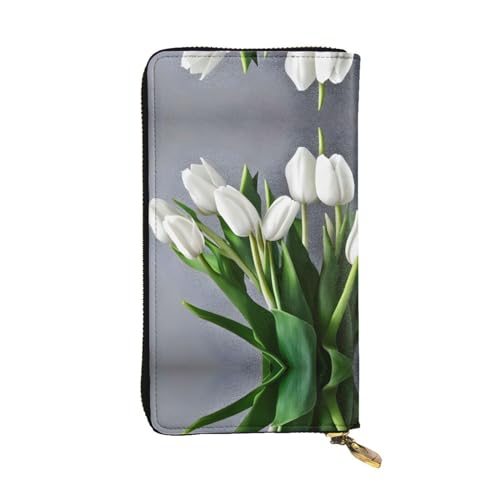 Bloom Sonnenblumen-Ledergeldbörse für Damen und Herren, große Geldscheine mit 12 Kartenfächern, Brieftasche, Reisepass-Geldbörse, Weiße Tulpen, Einheitsgröße von LXqlSS