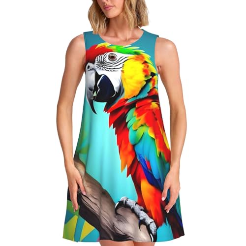 Boho-Kleid mit Papageien auf Baum, ärmellos, Rundhalsausschnitt, Sommer, lässig, lockere Passform, verschiedene Größen, Schwarz, X-Groß von LXqlSS