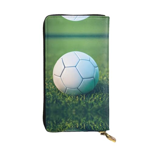 Geldbörse aus Leder für Damen und Herren, große Geldscheine mit 12 Kartenfächern, Brieftasche, Reisepass-Geldbörse, Orange, Grüner Fußball auf Gras, Einheitsgröße von LXqlSS