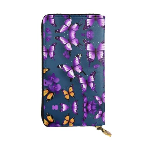 Geldbörse aus Leder mit blühenden Kaktusblüten für Damen und Herren, große Geldscheine mit 12 Kartenfächern, Brieftasche, Reisepasshülle, Schöner violetter Schmetterling, Einheitsgröße von LXqlSS
