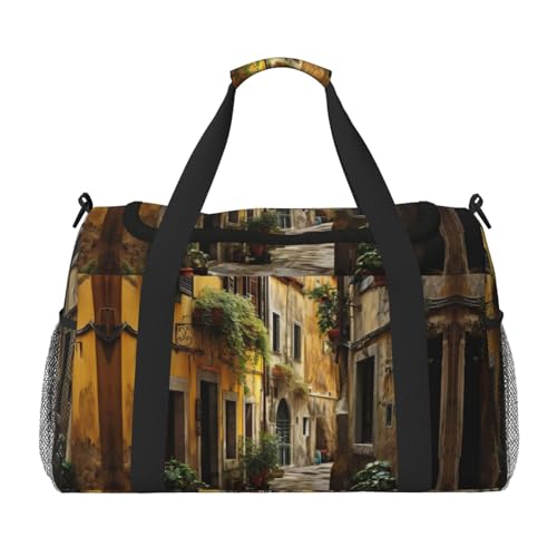 Italienischer Old Street Print Weekender Übernachtung Handgepäcktasche Gym Gepäck Tasche Seesack für Reisen Damen, Schwarz, Einheitsgröße von LXqlSS