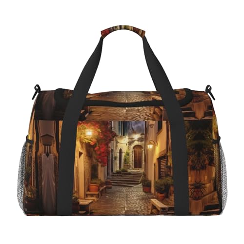 Italienischer Old Street Print Weekender Übernachtung Handgepäcktasche Gym Gepäck Tasche Seesack für Reisen Damen, Schwarz, Einheitsgröße von LXqlSS