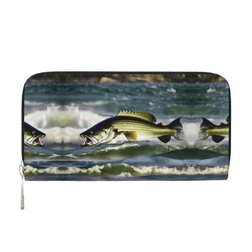 LXqlSS Damen-Geldbörse mit Barsch-Angel-Wellen-Druck, Leder, Clutch-Geldbörse mit Reißverschluss, großes Fassungsvermögen von LXqlSS
