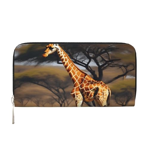 LXqlSS Geldbörse aus Leder mit Afrika-Giraffen-Motiv, majestätischer Baumdruck, für Damen und Herren, mit Reißverschluss, großes Fassungsvermögen von LXqlSS