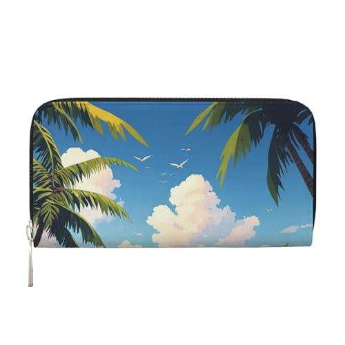 LXqlSS Geldbörse aus Leder mit Palmenüber-Motiv und blauem Meer, für Damen und Herren, mit Reißverschluss, großes Fassungsvermögen von LXqlSS