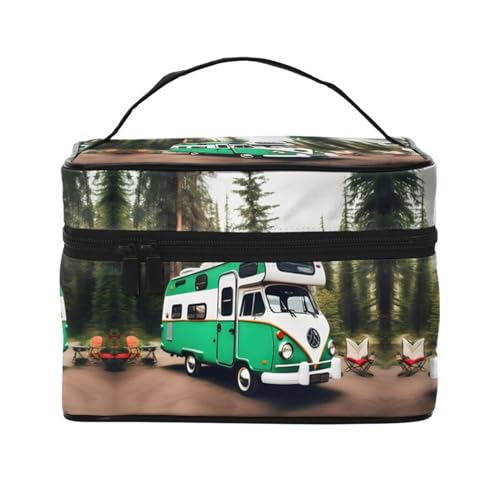 LXqlSS Happy Camper Make-up-Tasche, tragbar, Reise-Kosmetiktasche für Damen, Beauty-Reißverschluss, Make-up-Organizer, PU-Leder, waschbar, wasserdicht, Schwarz, Einheitsgröße, Schwarz , Einheitsgröße von LXqlSS