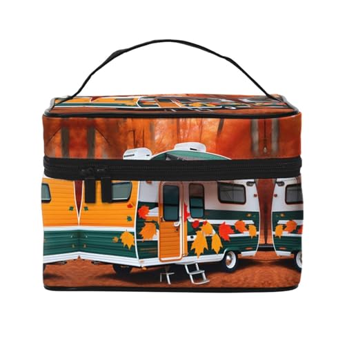 LXqlSS Happy Fall Make-up-Tasche mit Blättermotiv, tragbare Reise-Kosmetiktasche für Damen, Beauty-Reißverschluss, Make-up-Organizer, PU-Leder, waschbar, wasserdicht, Schwarz, Einheitsgröße, Schwarz , von LXqlSS