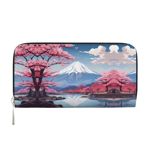 LXqlSS Japanische Geldbörse mit Fuji-Landschaftsdruck, Leder, für Damen und Herren, Clutch, mit Reißverschluss, großes Fassungsvermögen von LXqlSS