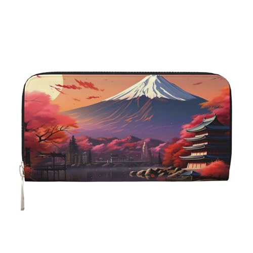LXqlSS Japanische Geldbörse mit Fuji-Landschaftsdruck, Leder, für Damen und Herren, Clutch, mit Reißverschluss, großes Fassungsvermögen von LXqlSS