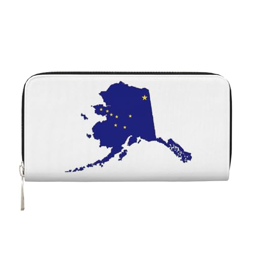 LXqlSS Ledergeldbörse mit Alaska-Staatsflagge, für Damen und Herren, Clutch-Geldbörse mit Reißverschluss, großes Fassungsvermögen von LXqlSS