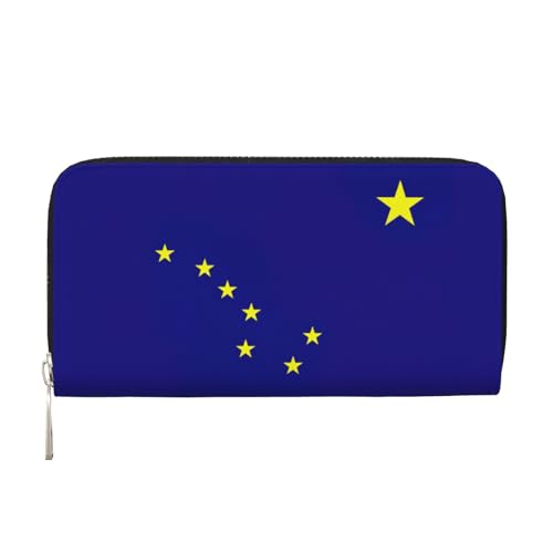 LXqlSS Ledergeldbörse mit Alaska-Staatsflagge, für Damen und Herren, mit Reißverschluss, großes Fassungsvermögen von LXqlSS
