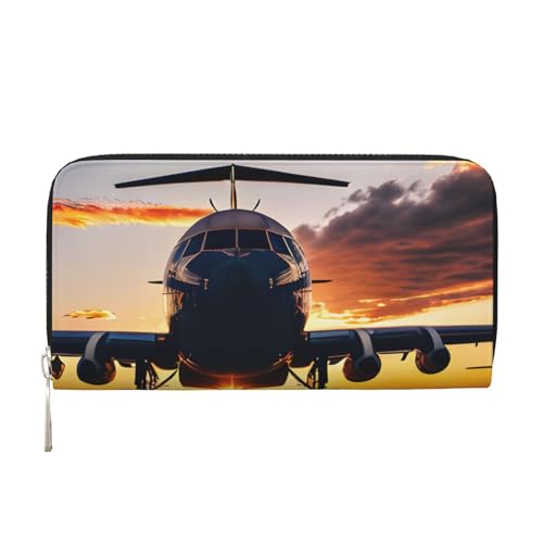 LXqlSS Ledergeldbörse mit Flugzeugmotiv bei Sonnenuntergang, für Damen und Herren, mit Reißverschluss, großes Fassungsvermögen von LXqlSS