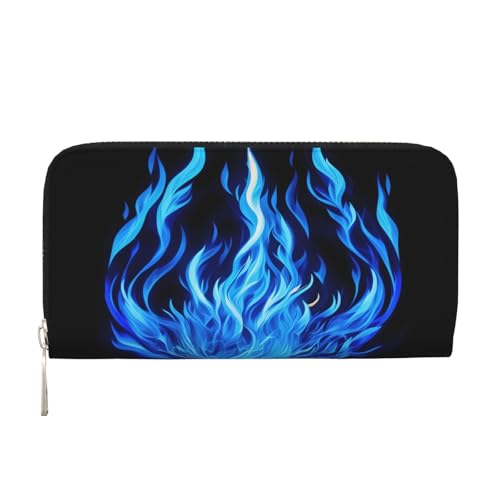 LXqlSS Ledergeldbörse mit Indigo-Flammenaufdruck, für Damen und Herren, Clutch-Geldbörse mit Reißverschluss, großes Fassungsvermögen von LXqlSS