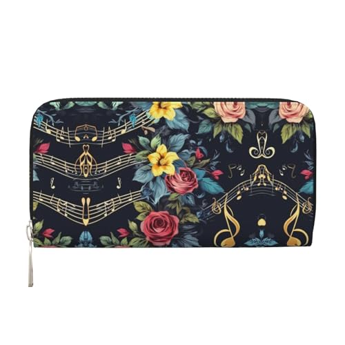 LXqlSS Ledergeldbörse mit Musiknoten-Blumendruck, für Damen und Herren, Clutch-Geldbörse mit Reißverschluss, großes Fassungsvermögen von LXqlSS