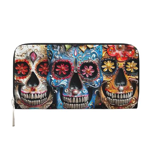 LXqlSS Ledergeldbörse mit Totenkopf-Motiv, für Damen und Herren, Clutch, mit Reißverschluss, großes Fassungsvermögen von LXqlSS