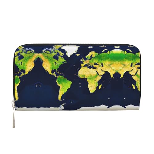 LXqlSS Ledergeldbörse mit Weltkarten-Aufdruck, für Damen und Herren, Clutch-Geldbörse mit Reißverschluss, großes Fassungsvermögen von LXqlSS