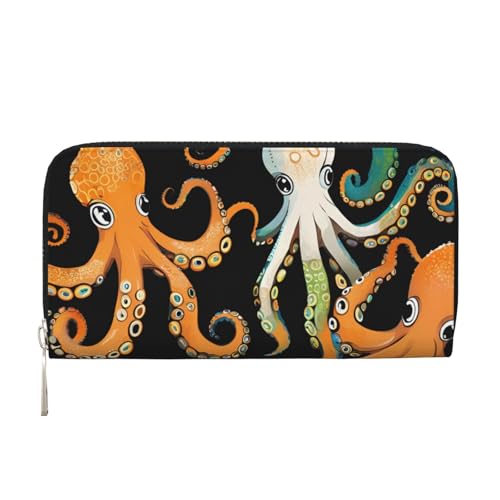 LXqlSS Ledergeldbörse mit farbigem Oktopusdruck, für Damen und Herren, Clutch, mit Reißverschluss, großes Fassungsvermögen von LXqlSS