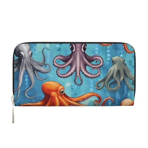 LXqlSS Ledergeldbörse mit farbigem Oktopusdruck, für Damen und Herren, Clutch, mit Reißverschluss, großes Fassungsvermögen von LXqlSS
