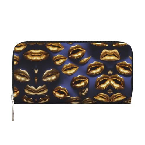 LXqlSS Ledergeldbörse mit goldfarbenen Lippen, für Damen und Herren, Clutch-Geldbörse mit Reißverschluss, großes Fassungsvermögen von LXqlSS