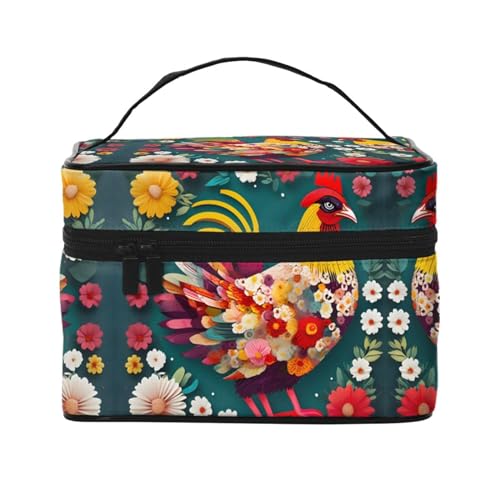 LXqlSS Make-up-Tasche mit Blumenherz, Huhn, tragbare Reise-Kosmetiktasche für Damen, Beauty-Reißverschluss, Make-up-Organizer, PU-Leder, waschbar, wasserdicht, Schwarz, Einheitsgröße, Schwarz , von LXqlSS