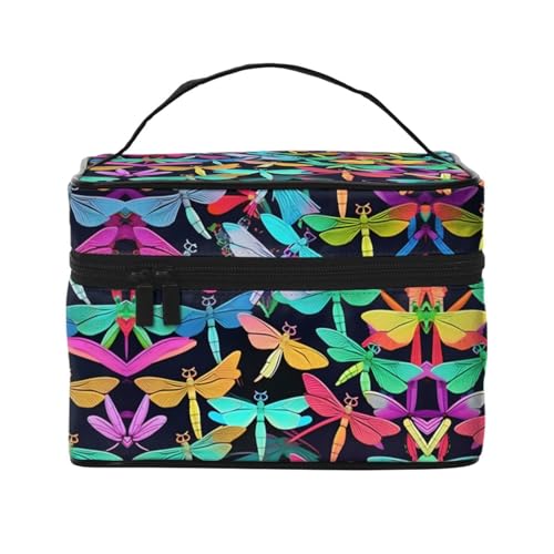 LXqlSS Make-up-Tasche mit niedlichem Libellen-Design, tragbare Reise-Kosmetiktasche für Damen, Beauty-Reißverschluss, Make-up-Organizer, PU-Leder, waschbar, wasserdicht, Schwarz, Einheitsgröße, von LXqlSS