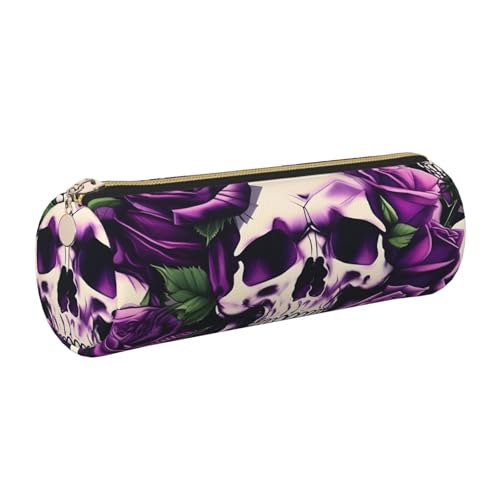 LXqlSS Many Purple Rose Skull Leather Zippered Fountain Cylinder Pencil Case Ballpoint Rollerball Pens and Pencils Case Holder Pouch von LXqlSS