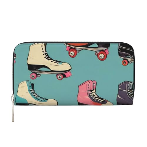 LXqlSS Retro-Rollschuh-Geldbörse mit buntem Druck, Leder, für Damen und Herren, Clutch, Geldbörse mit Reißverschluss, großes Fassungsvermögen von LXqlSS