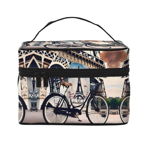 LXqlSS Romantische Paris Eiffelturm-Fahrrad-Make-up-Tasche, tragbare Reise-Kosmetiktasche für Damen, Beauty-Reißverschluss, Make-up-Organizer, PU-Leder, waschbar, wasserdicht, Schwarz, Einheitsgröße, von LXqlSS