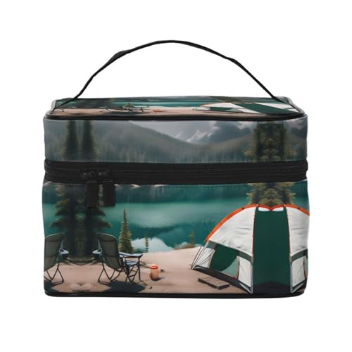 LXqlSS Serenity Lake Camping-Make-up-Tasche, tragbare Reise-Kosmetiktasche für Damen, Beauty-Reißverschluss, Make-up-Organizer, PU-Leder, waschbar, wasserdicht, Schwarz, Einheitsgröße, Schwarz , von LXqlSS