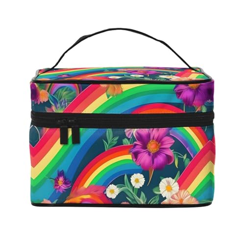 LXqlSS Tragbare Make-up-Tasche mit Regenbogen-Blumen für Damen, Make-up-Organizer mit Reißverschluss, Kunstleder, waschbar und wasserdicht, Schwarz, Einheitsgröße, Schwarz, Talla única von LXqlSS