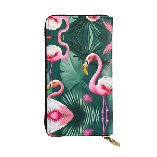 Ledergeldbörse für Damen und Herren, große Geldscheine mit 12 Kartenfächern, Brieftasche, Reisepass-Brieftasche, Violett, Palmblatt und Flamingos Paar, Einheitsgröße von LXqlSS