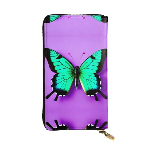 Rainbow Lines Ledergeldbörse für Damen und Herren, große Geldscheine mit 12 Kartenfächern, Brieftasche, Reisepasshülle, Violetter niedlicher Schmetterlings-Aufdruck, Einheitsgröße von LXqlSS