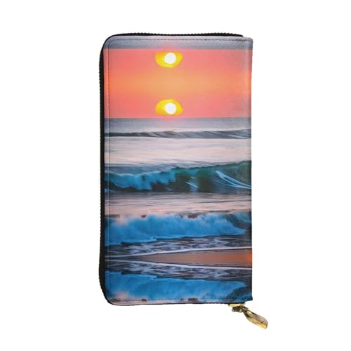 Strandlandschaften Ledergeldbörsen für Damen und Herren, große Geldscheine mit 12 Kartenfächern, Brieftasche, Reisepasshülle, Sonnenuntergang und Sonnenaufgang mit Meereswellen, Einheitsgröße, von LXqlSS