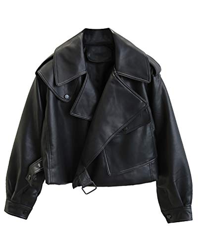LY VAREY LIN Schwarze Kunstlederjacke für Damen, lässig, kurz, übergroßer Mantel, asymmetrisch, Motor-Bikerjacke, Schwarz, M von LY VAREY LIN