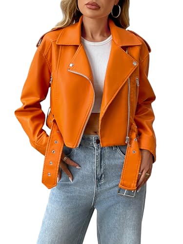 LY VAREY LIN Cropped-Jacke für Damen, Kunstleder, vegan, Motor-Biker-Mantel mit Gürtel, Orange/Abendrot im Zickzackmuster (Sunset Chevron), X-Large von LY VAREY LIN