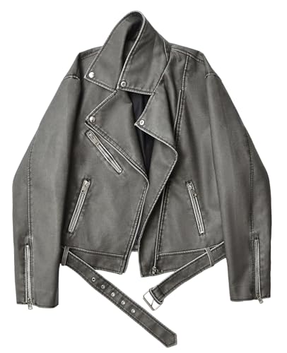 LY VAREY LIN Damenjacke aus Kunstleder, Reverskragen, Motorrad, Reißverschluss, langärmelig, Motor-Biker, Kurzmantel, 2362 Grau, Medium von LY VAREY LIN