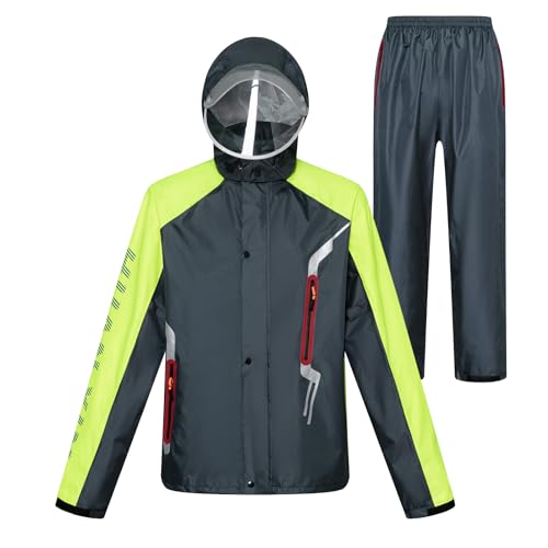 LY4U Wasserdichter Herren-Regenanzug Arbeitskleidung mit Kapuze Fahrradjacke und Hosen-Regenanzug mit sicherem reflektierendem Streifen, Dunkelblau L von LY4U