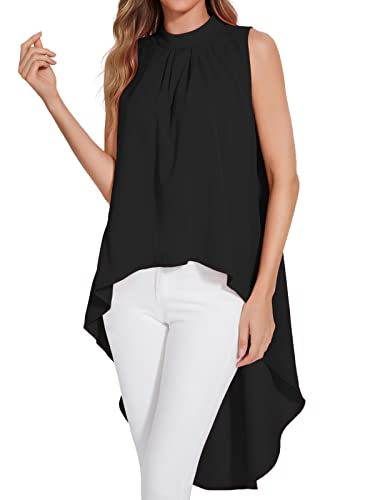 LYANER Damen Asymmetrische High Low Ärmellos Stehkragen Flowy Bluse Tops, schwarz, X-Groß von LYANER