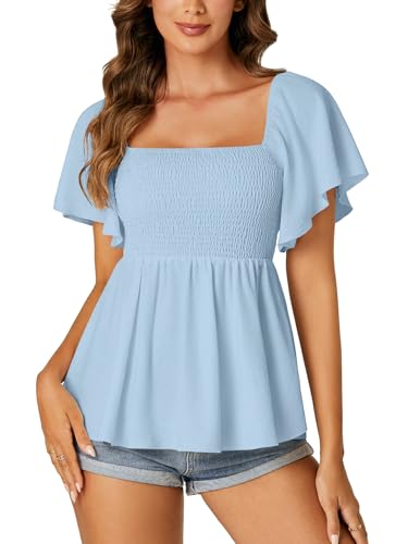 LYANER Damen-Babydoll-Bluse mit quadratischem Ausschnitt, gesmoktes Schößchen, Rüschen, kurze Ärmel, gerafft, Babyblau, Groß von LYANER