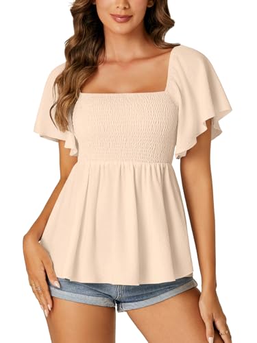 LYANER Damen-Babydoll-Bluse mit quadratischem Ausschnitt, gesmoktes Schößchen, Rüschen, kurze Ärmel, gerafft, Beige, Groß von LYANER