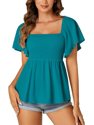 LYANER Damen-Babydoll-Bluse mit quadratischem Ausschnitt, gesmoktes Schößchen, Rüschen, kurze Ärmel, gerafft, Blaugrün, Blau, Groß von LYANER